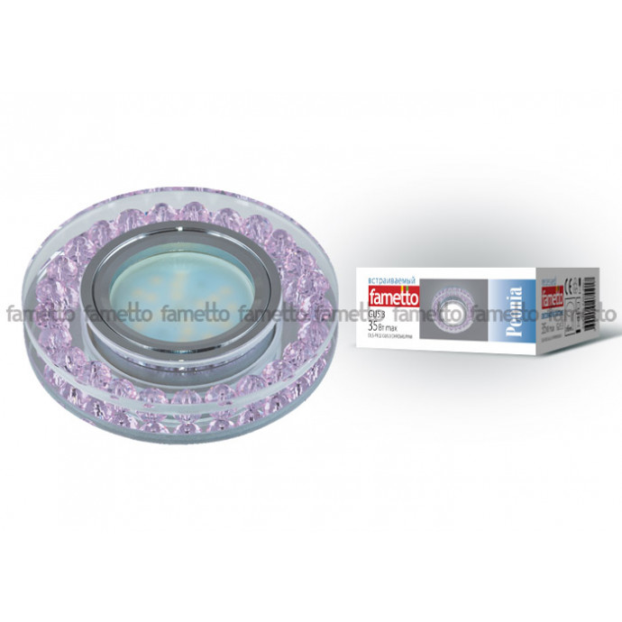 DLS-P102 GU5.3 CHROME/PINK Светильник декоративный встраиваемый. Без лампы. Металл, цвет хром. Отделка прозрачное стекло с элементами розового. ТМ Fametto.