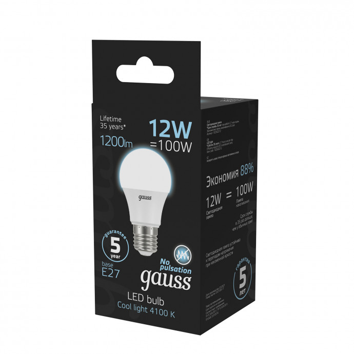 102502212 Лампа Gauss LED A60 globe 12W E27 4100K 1/10/40