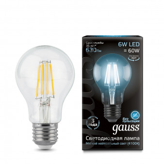 102802206 Лампа Gauss LED Filament A60 E27 6W 4100K 1/10/40