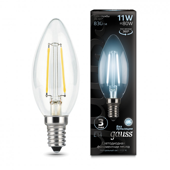 103801211 Лампа Gauss LED Filament Свеча E14 11W 750lm 4100К 1/10/50