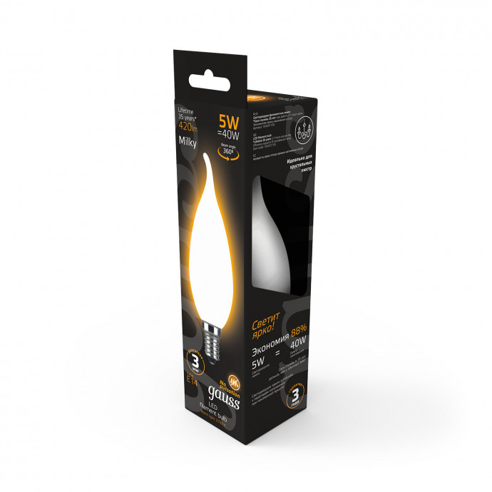 104201105 Лампа Gauss LED Filament Candle tailed OPAL E14 5W 2700K Golden 1/10/50, шт