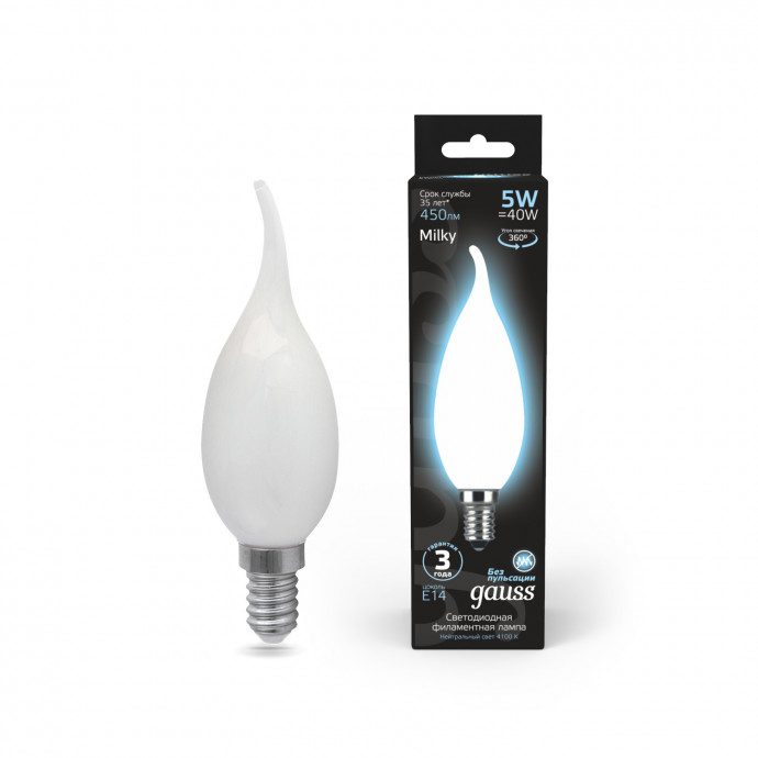 104201205 Лампа Gauss LED Filament Candle tailed OPAL E14 5W 4100K Golden 1/10/50, шт