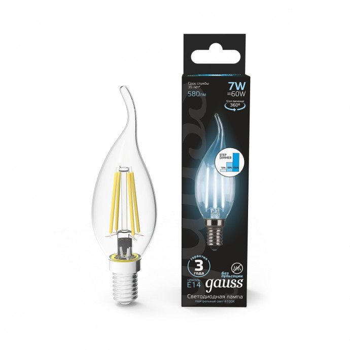 104801207-S Лампа Gauss LED Filament Свеча на ветру E14 7W 580lm 4100K step dimmable 1/10/50