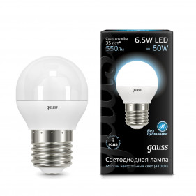105102207 Лампа Gauss LED Globe E27 6,5W 100-240V 4100K 1/10/50