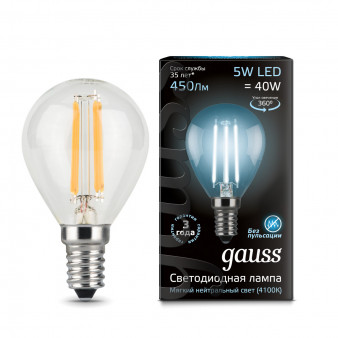 105801205 Лампа Gauss LED Filament Globe E14 5W 4100K 1/10/50