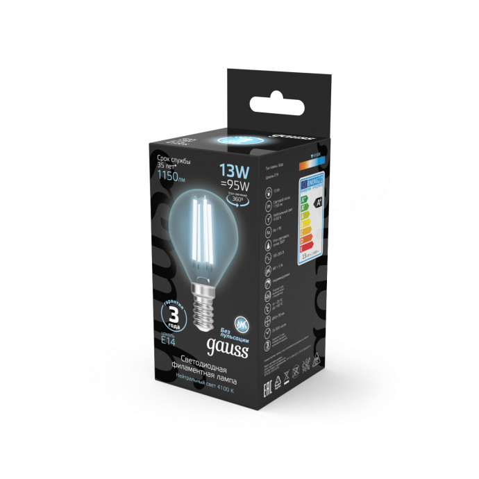105801213 Лампа Gauss Filament Шар 13W 1150lm 4100К Е14 LED 1/10/50