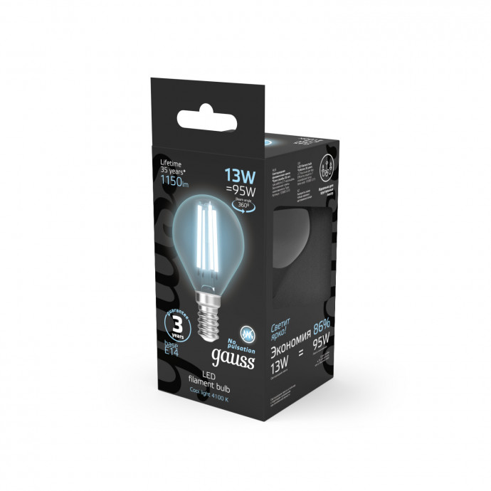 105801213 Лампа Gauss Filament Шар 13W 1150lm 4100К Е14 LED 1/10/50