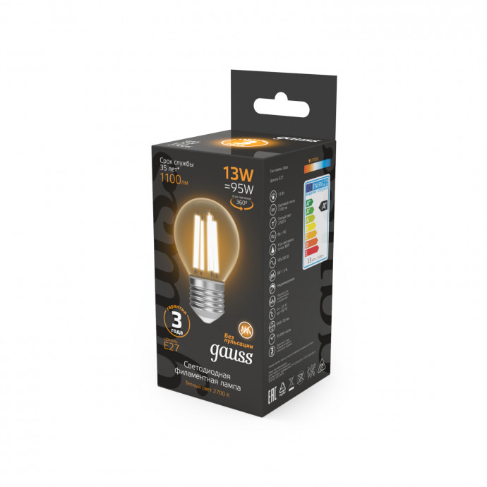 105802113 Лампа Gauss Filament Шар 13W 1100lm 2700К Е27 LED 1/10/50