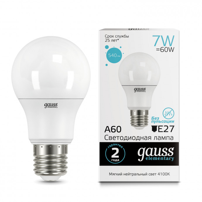 23227A Лампа Gauss Elementary A60 7W 540lm 4100K E27 LED