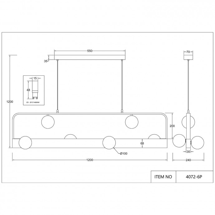 4072-6P, подвесная люстра, L1200xW240xH200/1200, 6xG9LEDx10W + LEDx18W, 700LM, 4000K, included