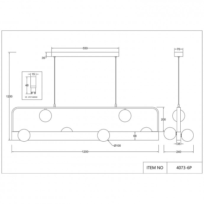 4073-6P, подвесная люстра, L1200xW240xH200/1200, 6xG9LEDx10W + LEDx18W, 1000LM, 4000K, included
