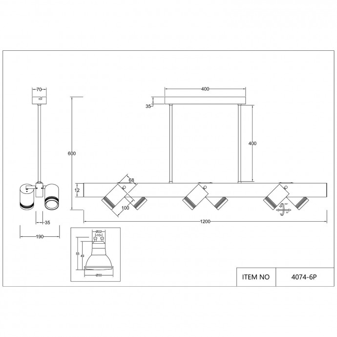 4074-6P, подвесная люстра, L1200xW190xH600, 6xGU10LEDx10W + LEDx18W, 700LM, 4000K, included