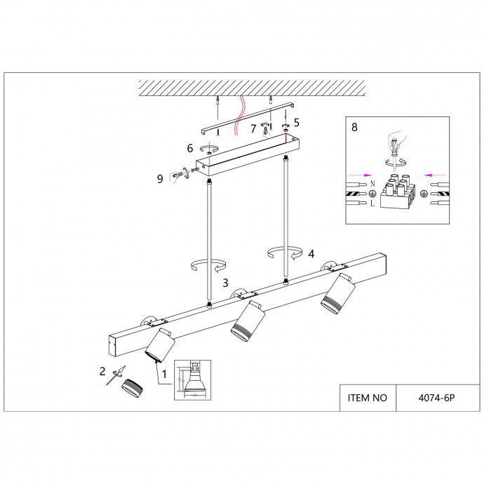 4074-6P, подвесная люстра, L1200xW190xH600, 6xGU10LEDx10W + LEDx18W, 700LM, 4000K, included
