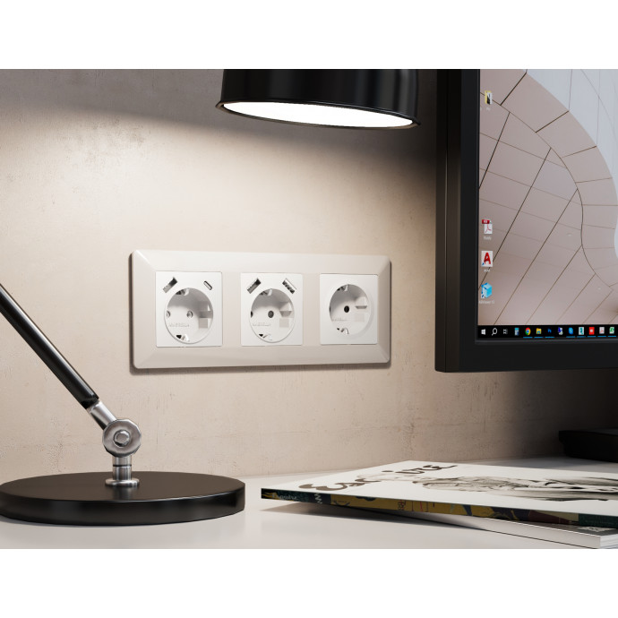 AP1290 Лицевая панель ALFA (Белый матовый) для электрической розетки с/з со шторками 2USB A+A QUANT