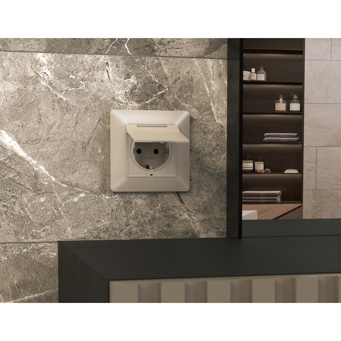 AP3680 Лицевая панель ALFA (Серо-бежевый матовый) для электрической розетки с/з со шторками и крышкой IP44 QUANT