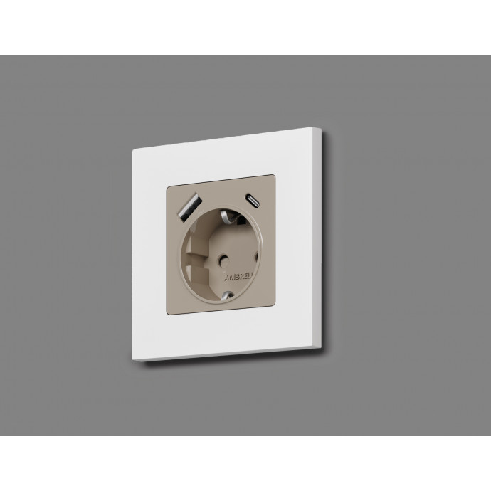 AP3700 Лицевая панель ALFA (Серо-бежевый матовый) для электрической розетки с/з со шторками 2USB A+C QUANT