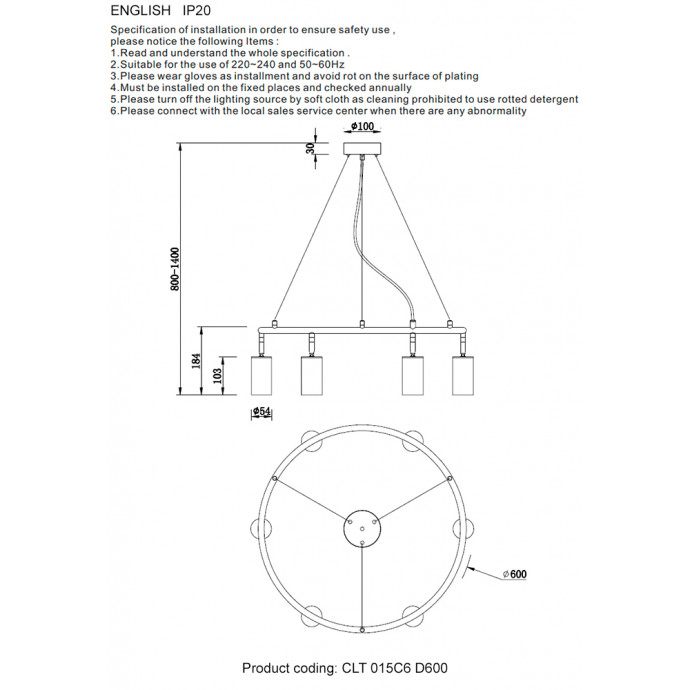 Светильник подвесной Crystal Lux CLT 015C6 D600 BL-GO