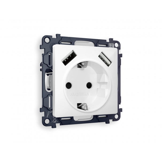 MA109010 Комплект механизма электрической розетки ALFA Белый глянец 2USB A+A 18W (быстрая зарядка) с/з QUANT (AP1090, VM155)