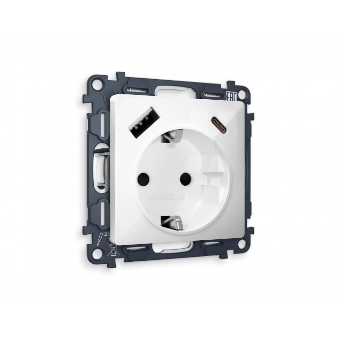 MA110010 Комплект механизма электрической розетки ALFA Белый глянец 2USB A+C 20W (быстрая зарядка) с/з QUANT (AP1100, VM160)