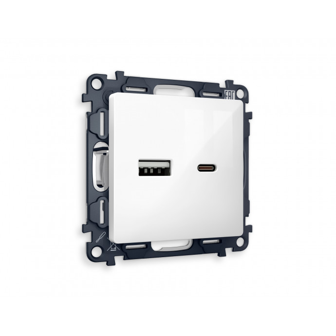 MA111010 Комплект механизма розетки ALFA Белый глянец 2USB A+C 20W (быстрая зарядка) QUANT