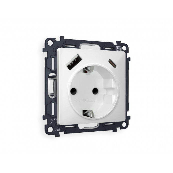 MA130010 Комплект механизма электрической розетки ALFA Белый матовый 2USB A+C 20W (быстрая зарядка) с/з QUANT (AP1300, VM160)