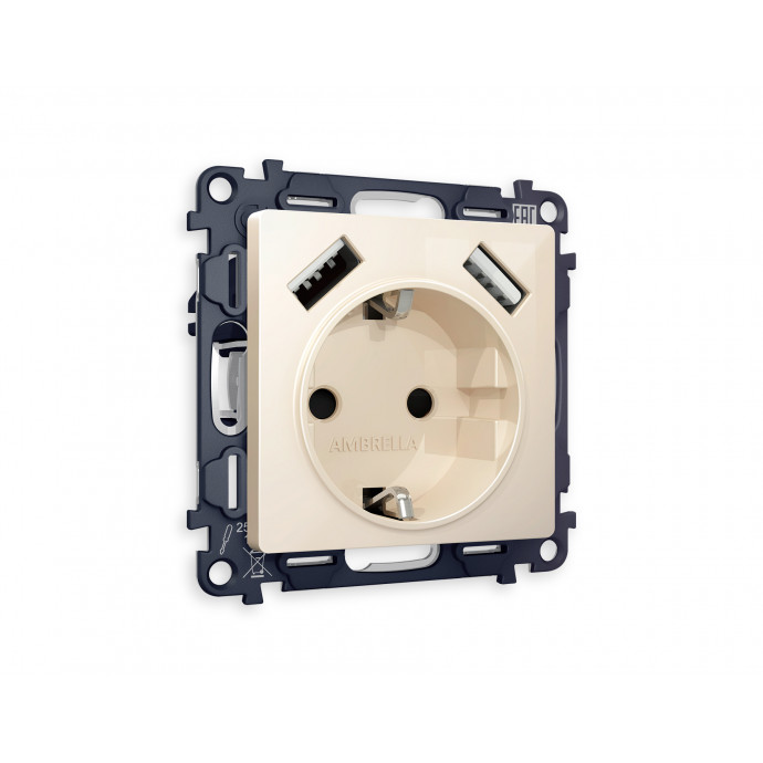 MA309010 Комплект механизма электрической розетки ALFA Бежевый глянец 2USB A+A 18W (быстрая зарядка) с/з QUANT (AP3090, VM155)