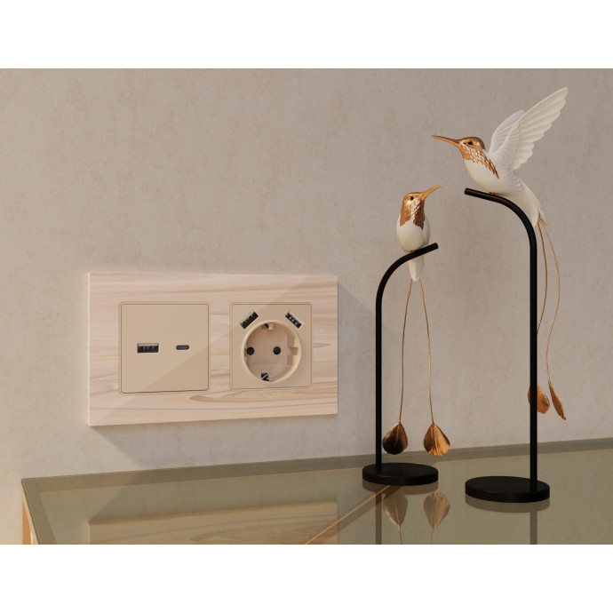 MA311010 Комплект механизма розетки ALFA Бежевый глянец 2USB A+C 20W (быстрая зарядка) QUANT (AP3100, VM177)