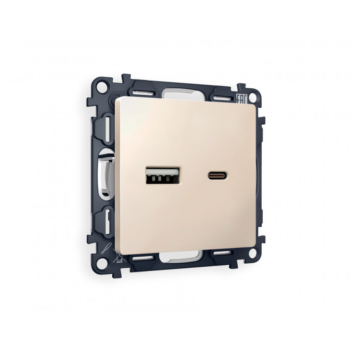 MA331010 Комплект механизма розетки ALFA Бежевый матовый 2USB A+C 20W (быстрая зарядка) QUANT (AP3310, VM177)