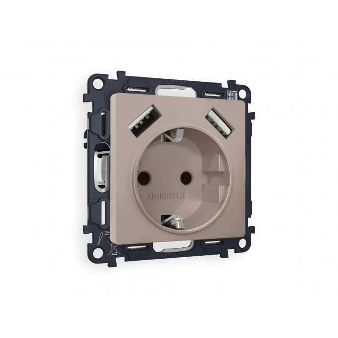 MA369010 Комплект механизма электрической розетки ALFA Серо-бежевый матовый 2USB A+A 18W (быстрая зарядка) с/з QUANT (AP3690, VM155)