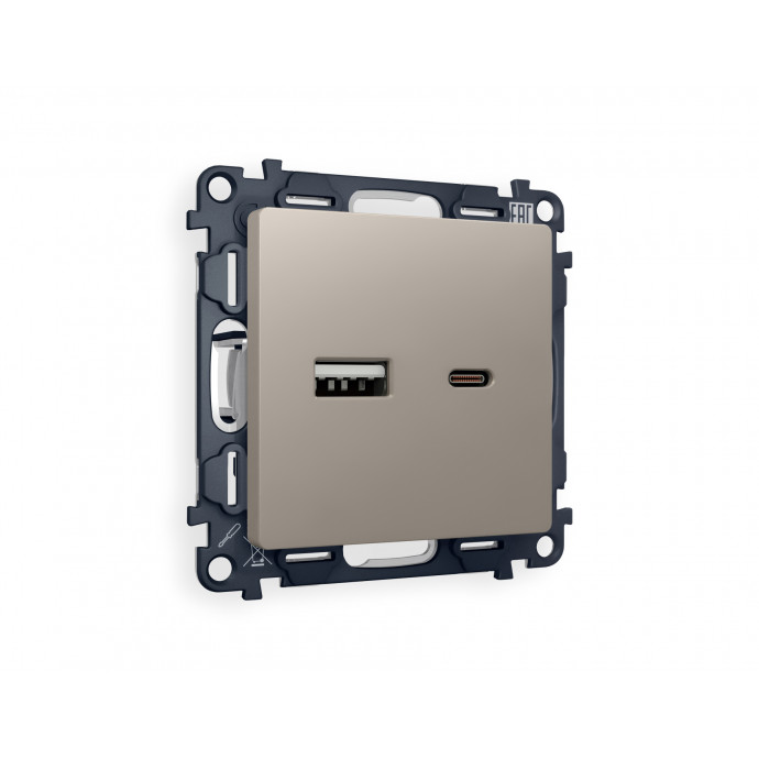 MA371010 Комплект механизма розетки ALFA Серо-бежевый матовый 2USB A+C 20W (быстрая зарядка) QUANT (AP3710, VM177)