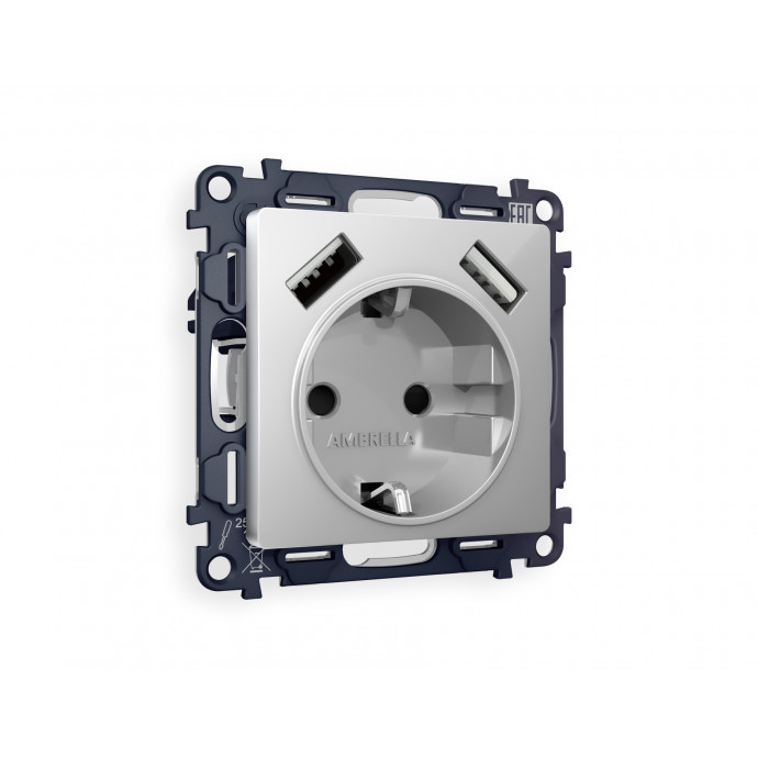 MA409010 Комплект механизма электрической розетки ALFA Серебро глянец 2USB A+A 18W (быстрая зарядка) с/з QUANT (AP4090, VM155) 