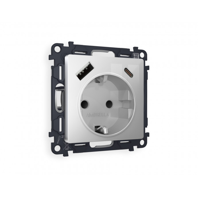 MA410010 Комплект механизма электрической розетки ALFA Серебро глянец 2USB A+C 20W (быстрая зарядка) с/з QUANT (AP4100, VM160)