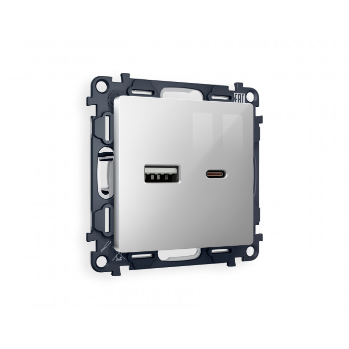 MA411010 Комплект механизма розетки ALFA Серебро глянец 2USB A+C 20W (быстрая зарядка) QUANT (AP4110, VM177)