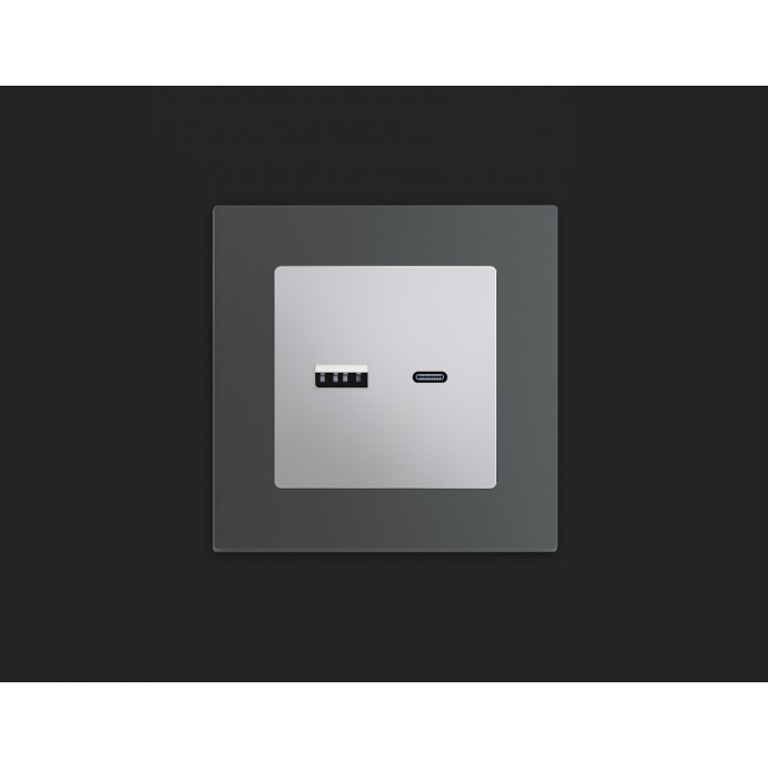 MA411010 Комплект механизма розетки ALFA Серебро глянец 2USB A+C 20W (быстрая зарядка) QUANT (AP4110, VM177)