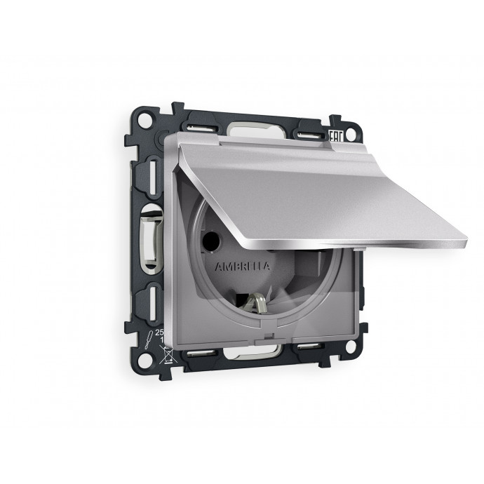 MA508010 Комплект механизма электрической розетки ALFA Сталь матовый  с/з с шторками и крышкой IP44 QUANT (AP5080, VM141)