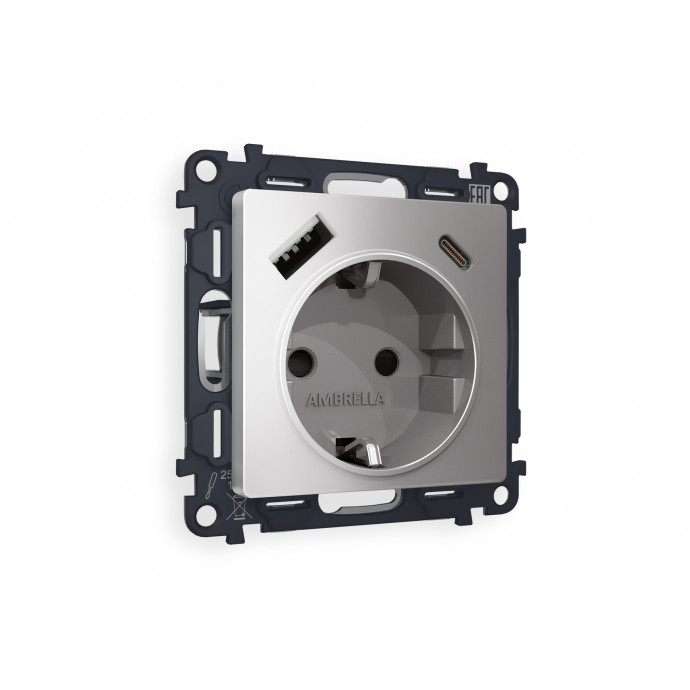 MA510010 Комплект механизма электрической розетки ALFA Сталь матовый 2USB A+C 20W (быстрая зарядка) с/з QUANT (AP5100, VM160)