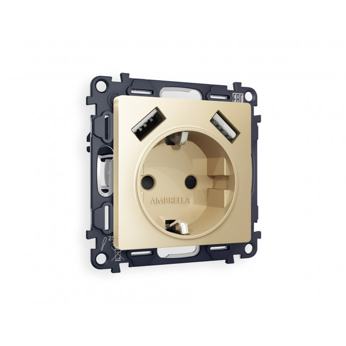 MA609010 Комплект механизма электрической розетки ALFA Шампань 2USB A+A 18W (быстрая зарядка) с/з QUANT (AP6060, VM155)