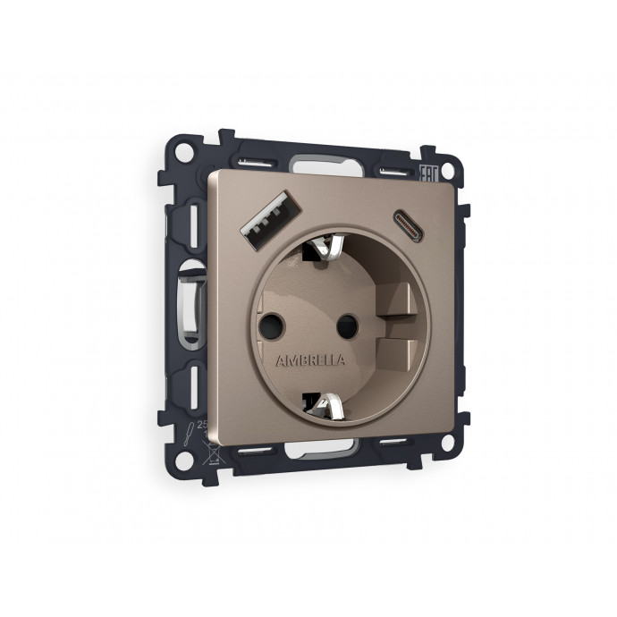 MA640010 Комплект механизма электрической розетки ALFA Темная бронза матовый 2USB A+C 20W (быстрая зарядка) с/з QUANT (AP6400, VM160)