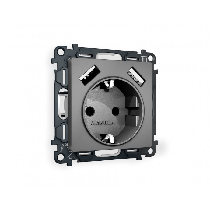 MA659010 Комплект механизма электрической розетки ALFA Антрацит серый 2USB A+A 18W (быстрая зарядка) с/з QUANT (AP6590, VM155)