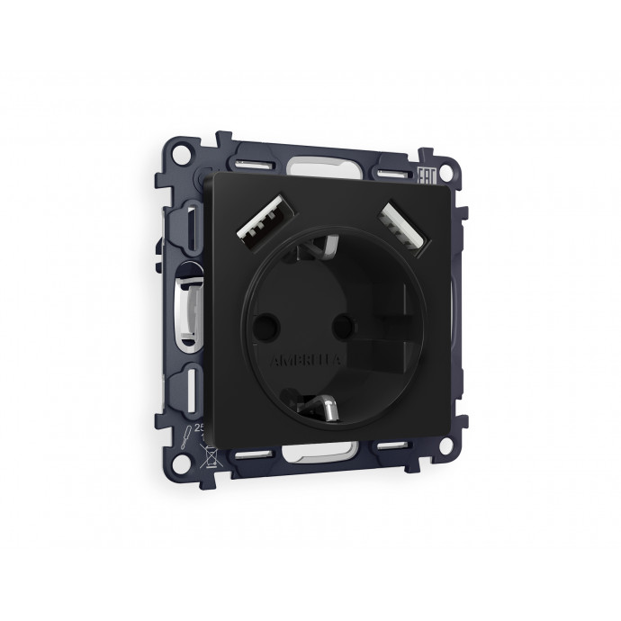 MA809010 Комплект механизма электрической розетки ALFA Черный матовый 2USB A+A 18W (быстрая зарядка) с/з QUANT (AP8090, VM155)