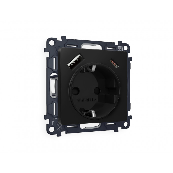 MA810010 Комплект механизма электрической розетки ALFA Черный матовый 2USB A+C 20W (быстрая зарядка) с/з QUANT (AP8100, VM160)