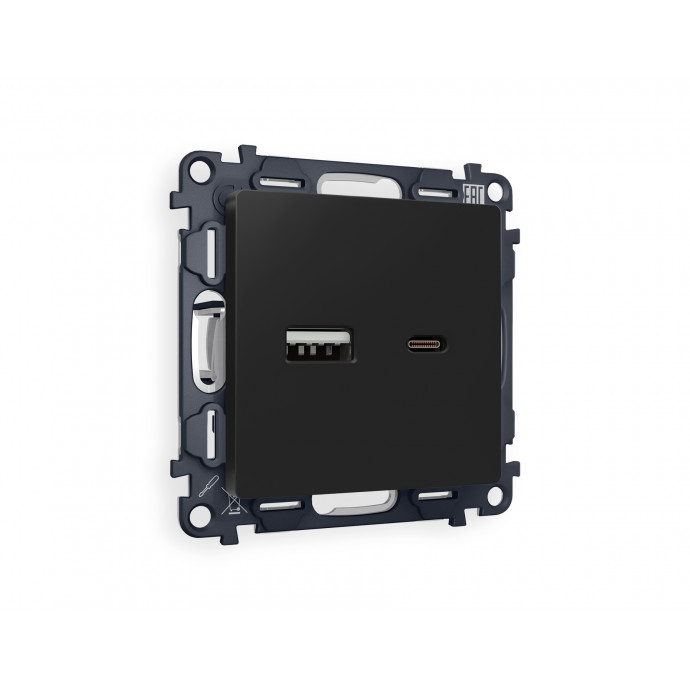 MA811010 Комплект механизма розетки ALFA Черный матовый 2USB A+C 20W (быстрая зарядка) QUANT (AP8110, VM177)