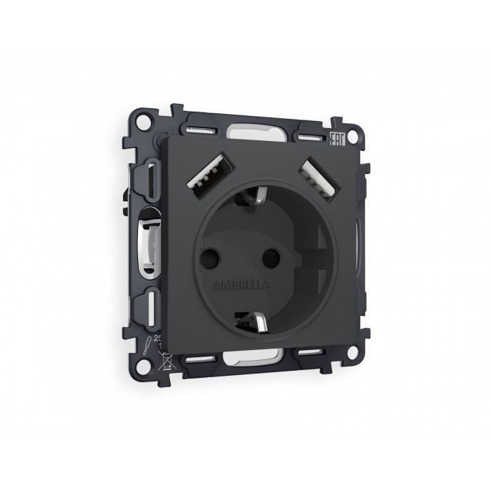 MA909010 Комплект механизма электрической розетки ALFA Графит мягкое касание 2USB A+A 18W (быстрая зарядка) с/з QUANT (AP9090, VM155)