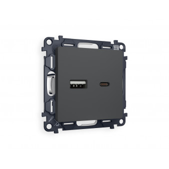 MA911010 Комплект механизма розетки ALFA Графит мягкое касание 2USB A+C 20W (быстрая зарядка) QUANT (AP9110, VM177)
