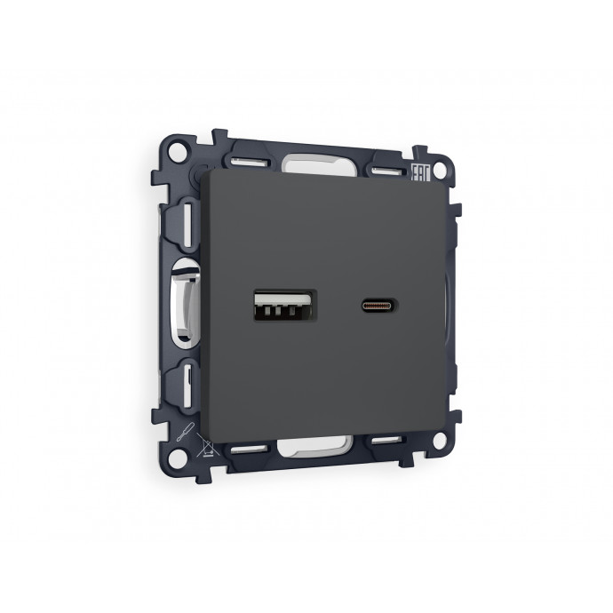 MA911010 Комплект механизма розетки ALFA Графит мягкое касание 2USB A+C 20W (быстрая зарядка) QUANT (AP9110, VM177)