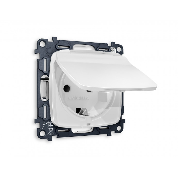 MO128010 Комплект механизма электрической розетки OMEGA Белый матовый с/з с шторками и крышкой QUANT IP44 (OP1280, VM141)