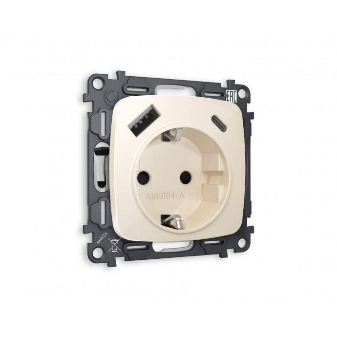 MO310010 Комплект механизма электрической розетки OMEGA Бежевый глянец 2USB A+C 20W (быстрая зарядка) с/з QUANT (OP3100, VM160)