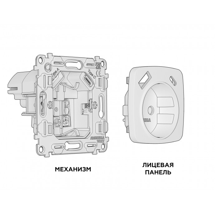 MO310010 Комплект механизма электрической розетки OMEGA Бежевый глянец 2USB A+C 20W (быстрая зарядка) с/з QUANT (OP3100, VM160)
