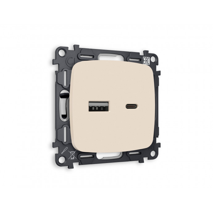 MO331010 Комплект механизма розетки OMEGA Бежевый матовый 2USB A+C 20W (быстрая зарядка) QUANT (OP3310, VM177)
