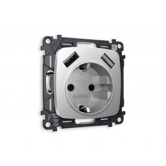 MO409010 Комплект механизма электрической розетки OMEGA Серебро глянец 2USB A+A 18W (быстрая зарядка) с/з QUANT (OP4090, VM155)